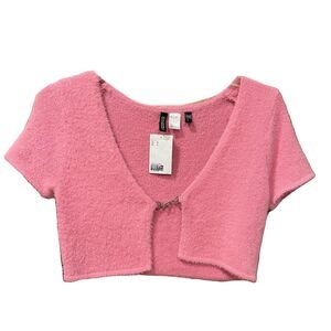 H&M Divided Eyelash Cropped Fuzzy Cardigan Pink NWT Barbiecore Sz S